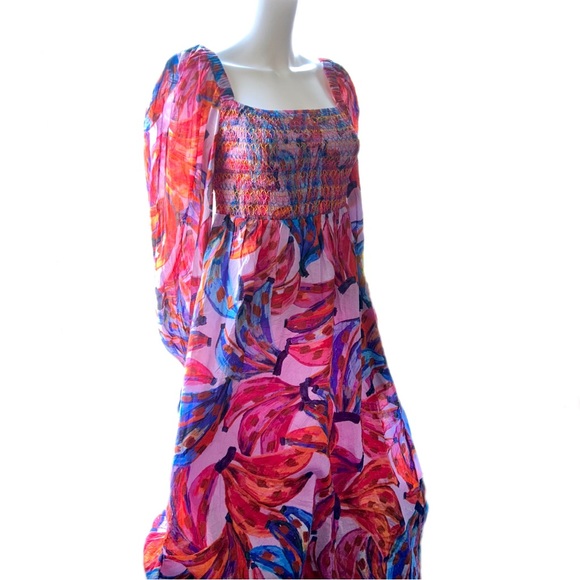 FARM Rio Colored Bananas Smocked Midi Dress Size Small - Picture 5 of 12